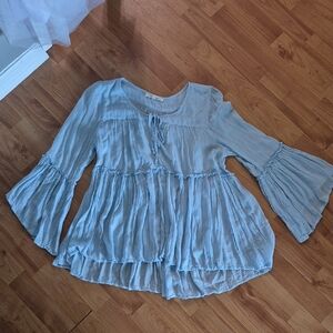 Olivaceous Light Blue Ruffled Blouse